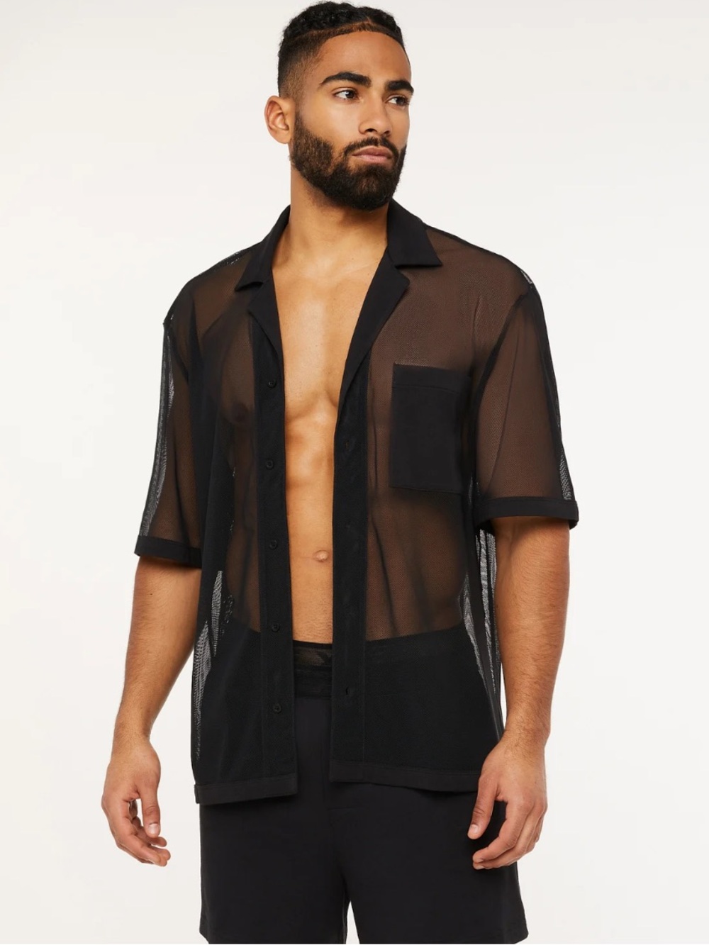 Savage X Fenty Rihanna Black Sheer Mesh Button Down Shirt Short Sleeve Sz M NWT